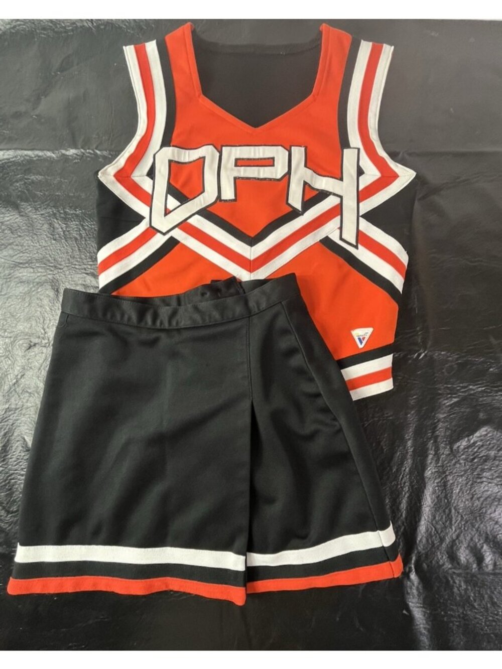 Cheerleader Uniform HS 34 Top 24 Skirt Orange Black Halloween Costume Outfit